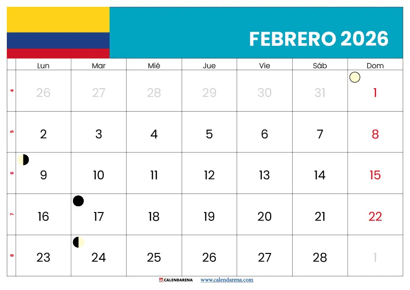 Febrero 2026 Calendario Colombia