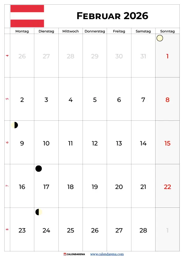 Februar 2026 Kalender Österreich