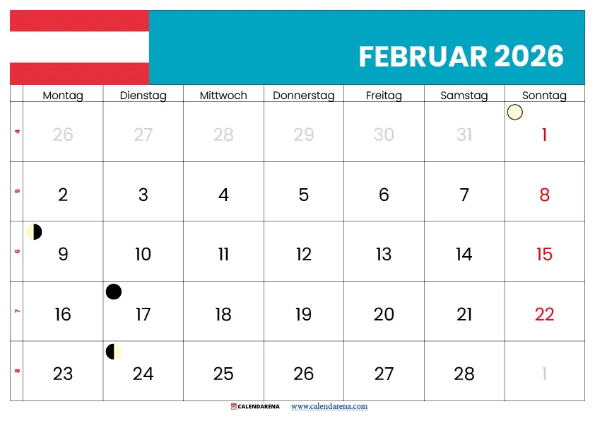 Februar Kalender 2026 Österreich