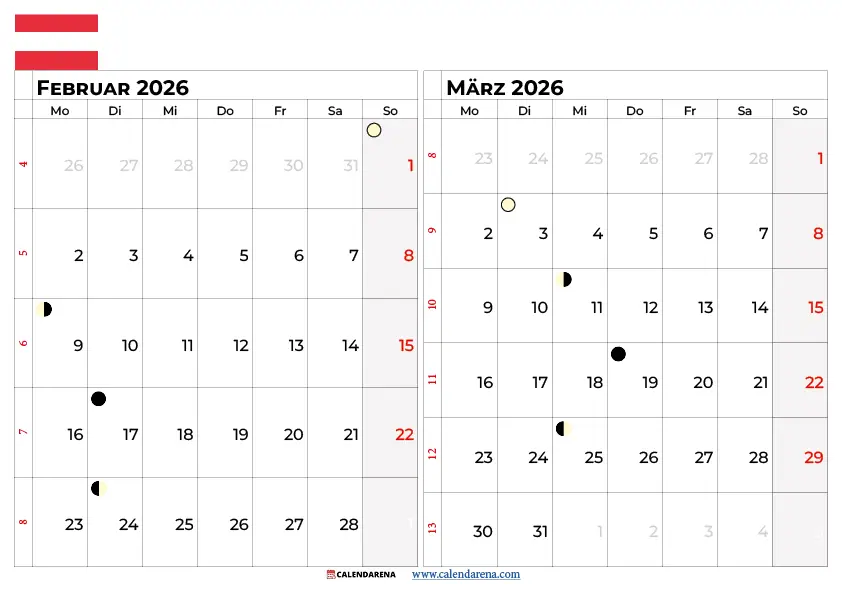 Februar März 2026 Kalender Österreich