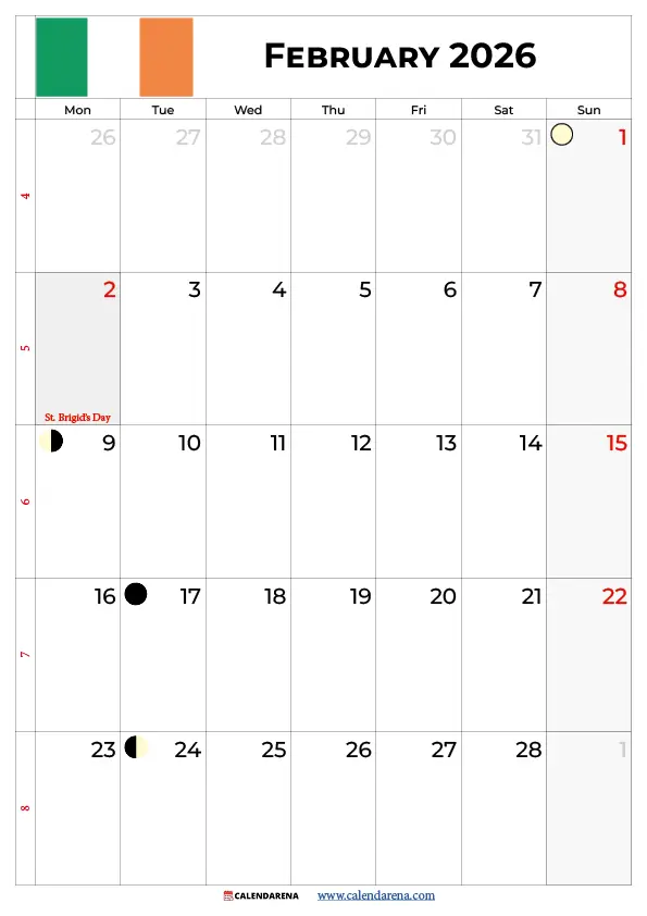February 2026 Calendar Ireland
