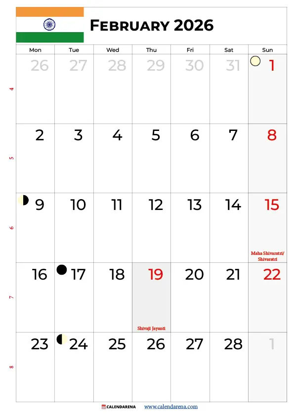 February Calendar 2026 India