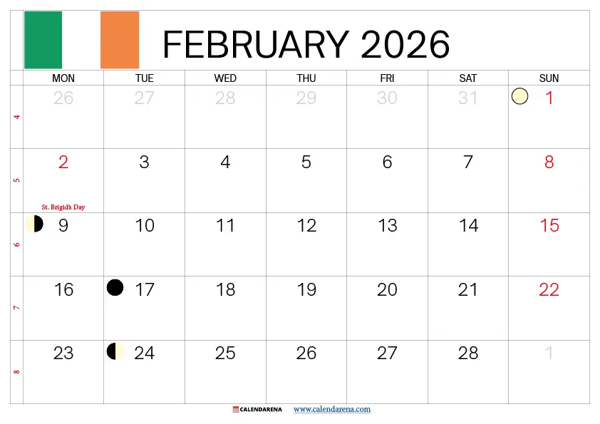 February Calendar 2026 Printable Ireland