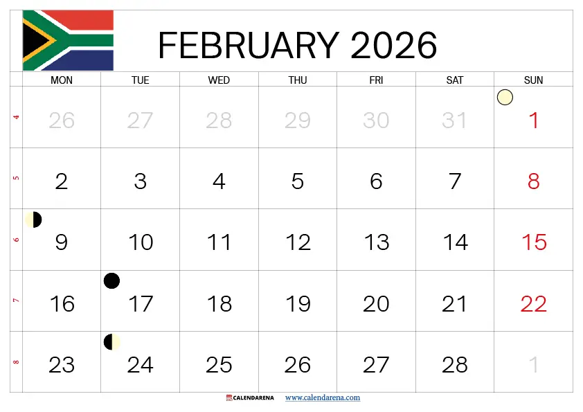 February Calendar 2026 With Holidays South Africa