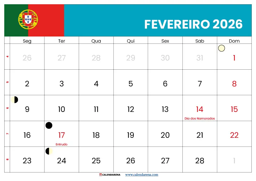 Fevereiro 2026 Calendário Portugal