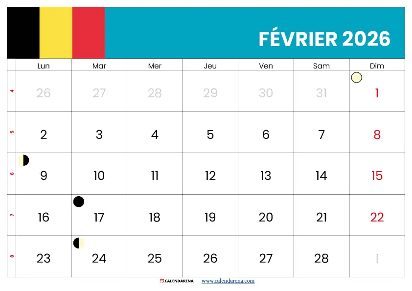 Fevrier 2026 Calendrier Belgique