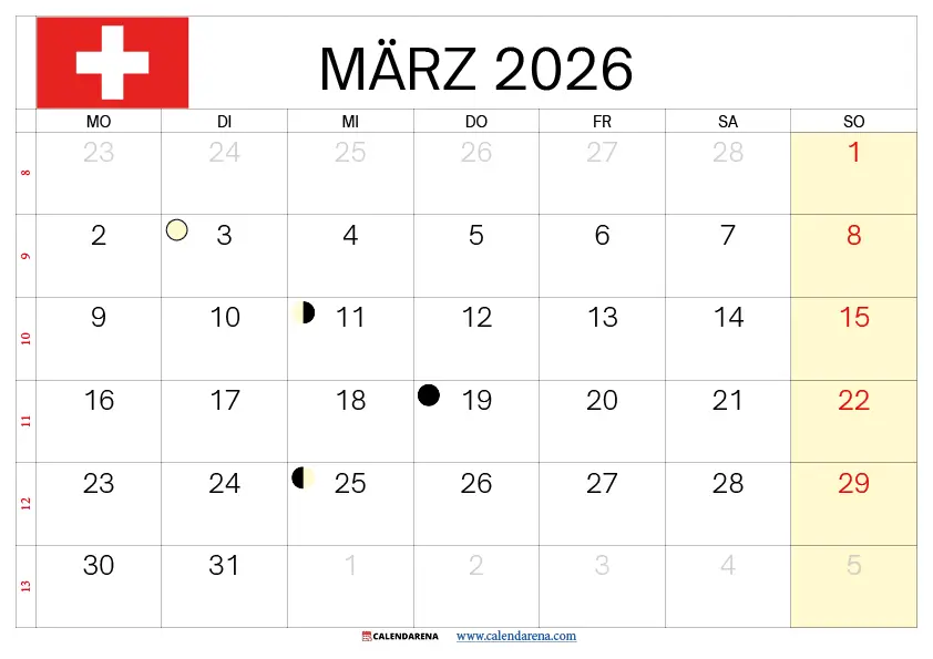 Kalender 2026 März Schweiz