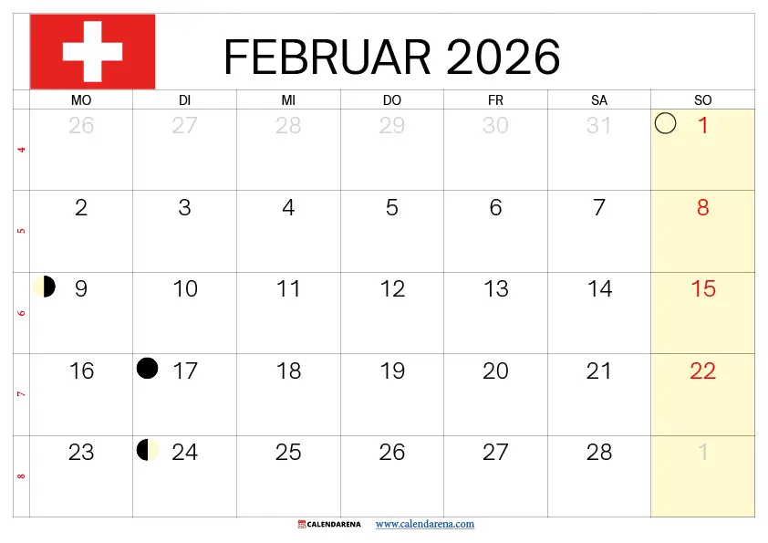 Kalender Februar 2026 Schweiz