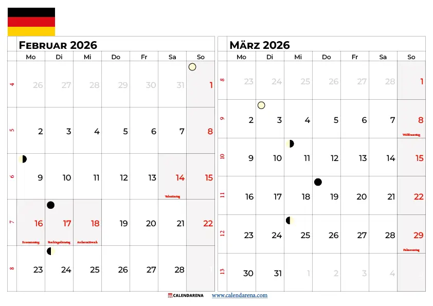 Kalender Februar März 2026