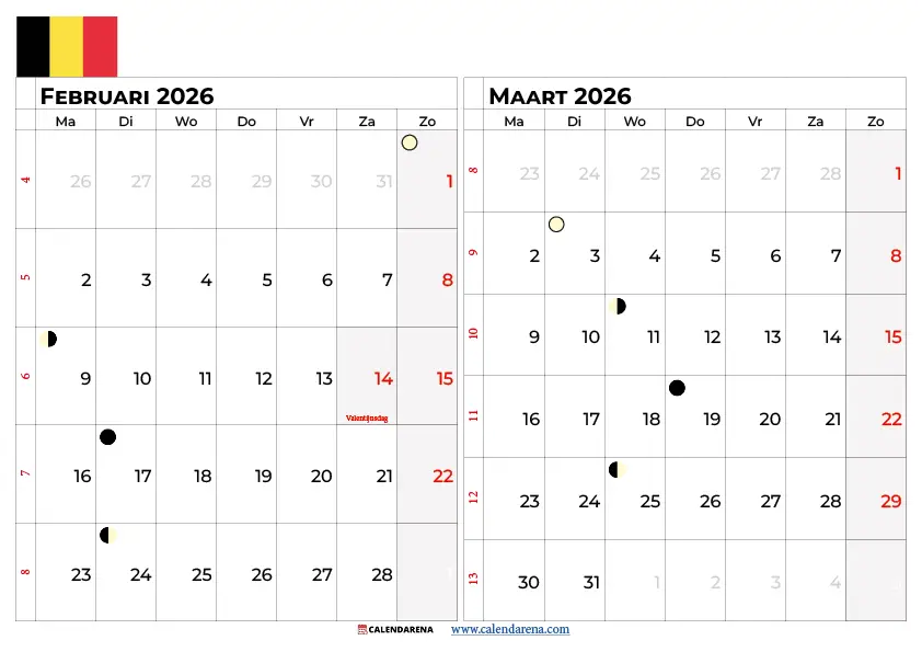 Kalender Februari Maart 2026 België