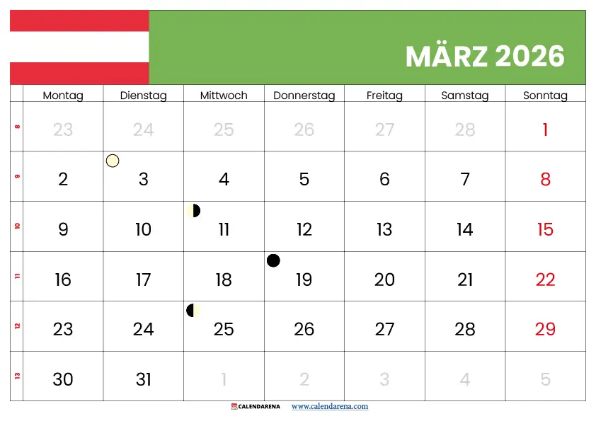 Kalender März 2026 Mit Feiertagen Österreich
