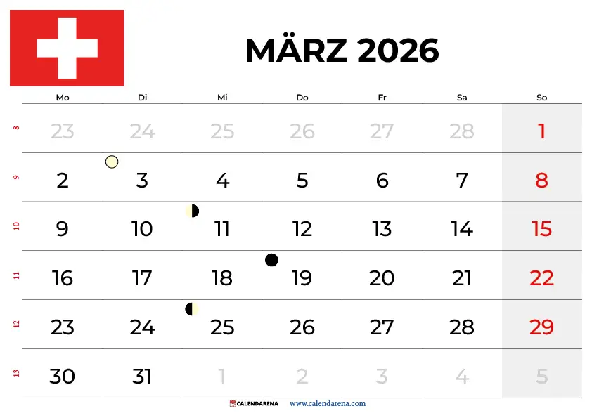 Kalender März 2026 Mit Feiertagen Schweiz
