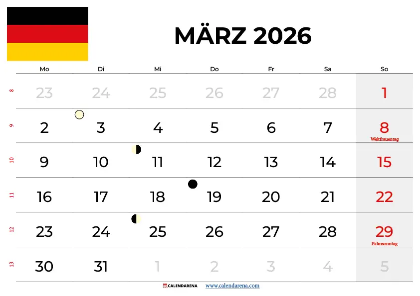 Kalender März 2026 Mit Feiertagen