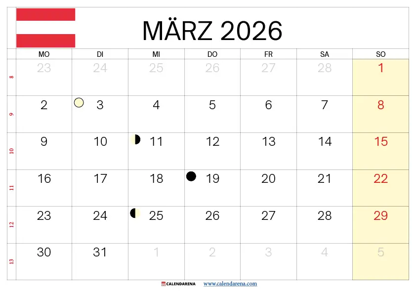 Kalender März 2026 Österreich