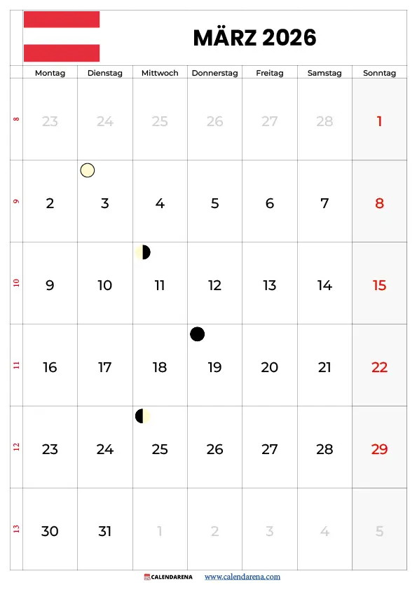 Kalender März 2026 Zum Ausdrucken Österreich