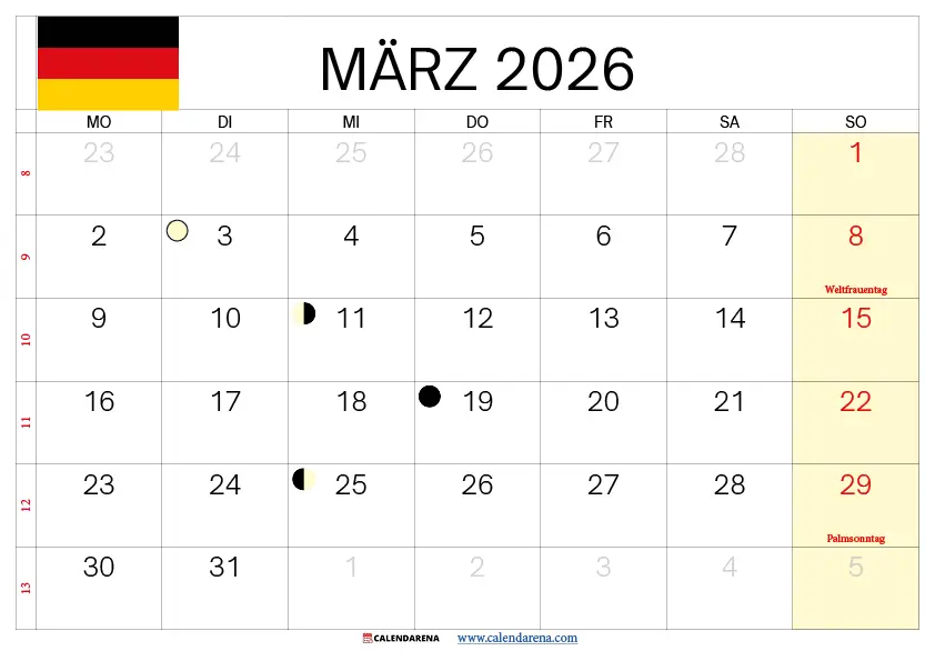 Kalender März 2026 Zum Ausdrucken