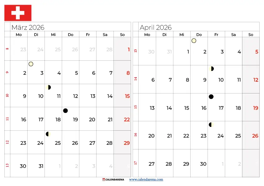 Kalender März April 2026 Schweiz