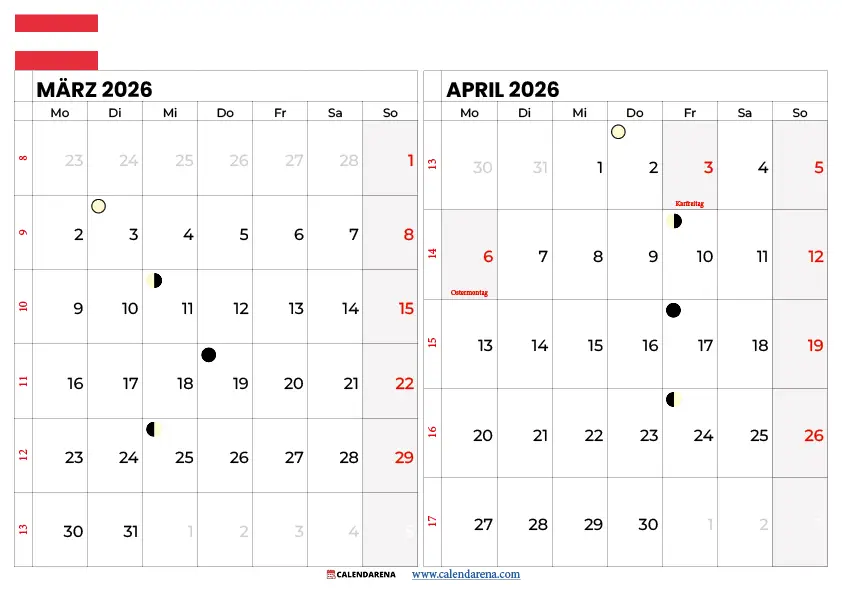 Kalender März April Mai 2026 Österreich