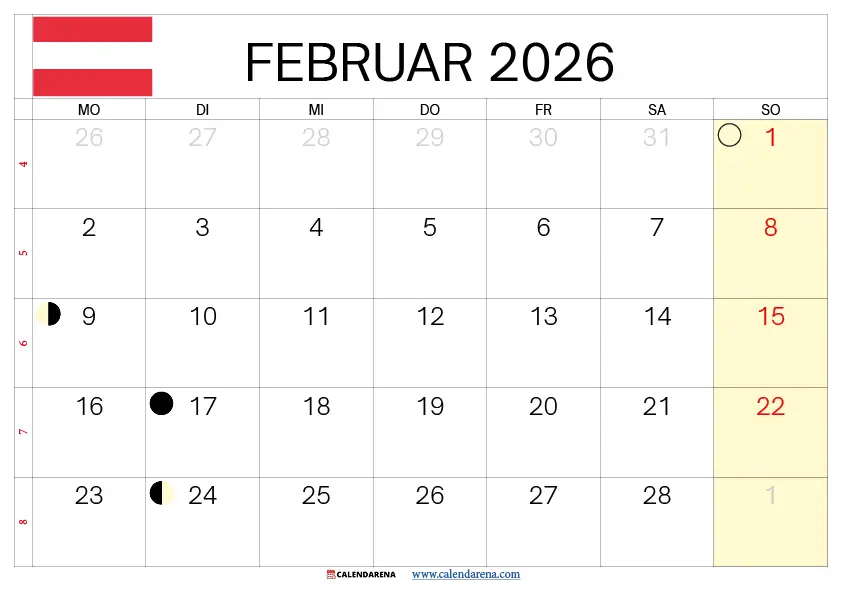 Kalenderblatt Februar 2026 Österreich