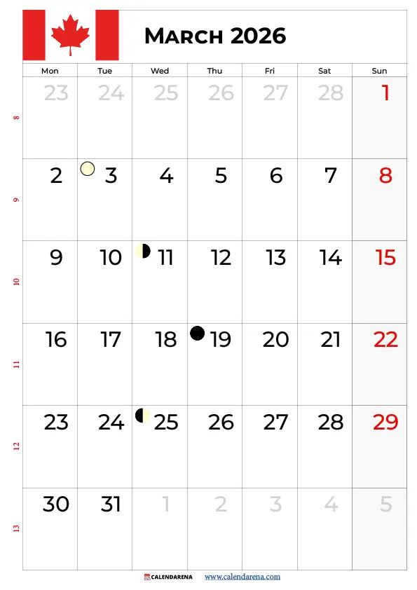 March 2026 Calendar Canada With Holidays