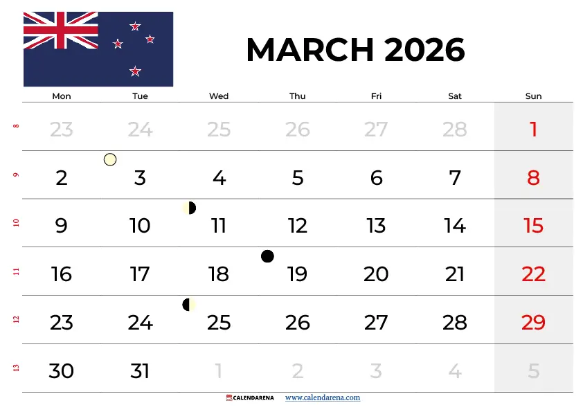 March 2026 Calendar Nz