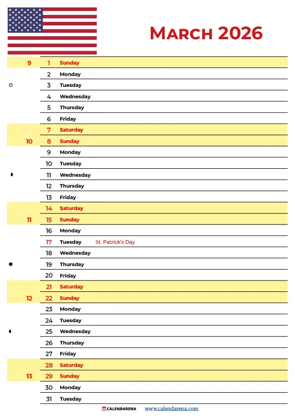 March 2026 Calendar Printable Usa