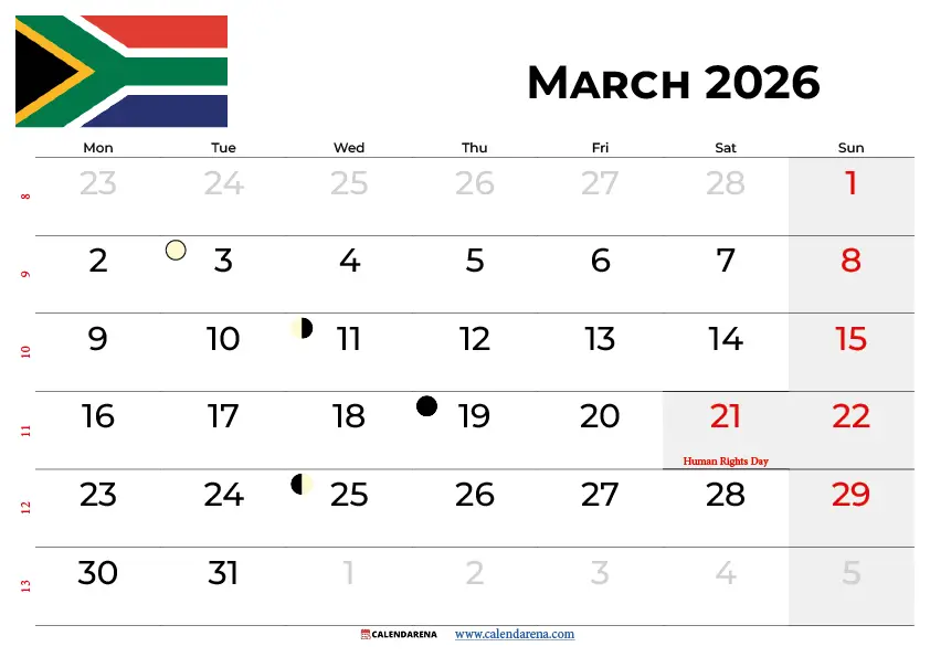 March 2026 Calendar South Africa