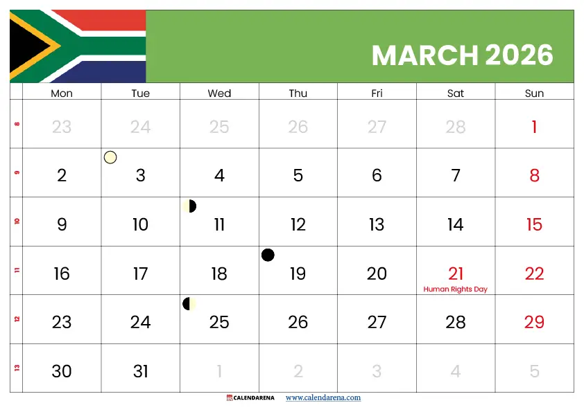 March 2026 Calendar -- South Africa