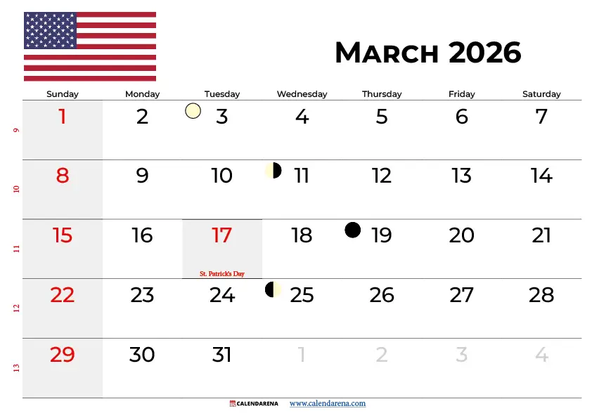 March 2026 Calendar Usa