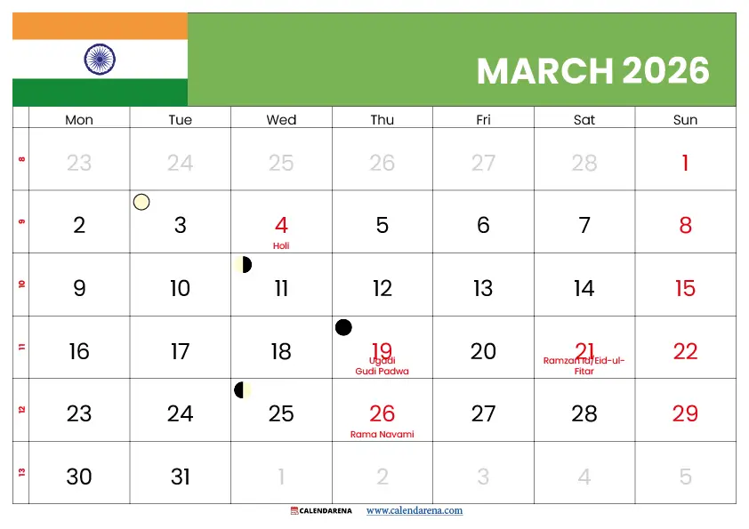 March 2026 Calendar With Holidays India