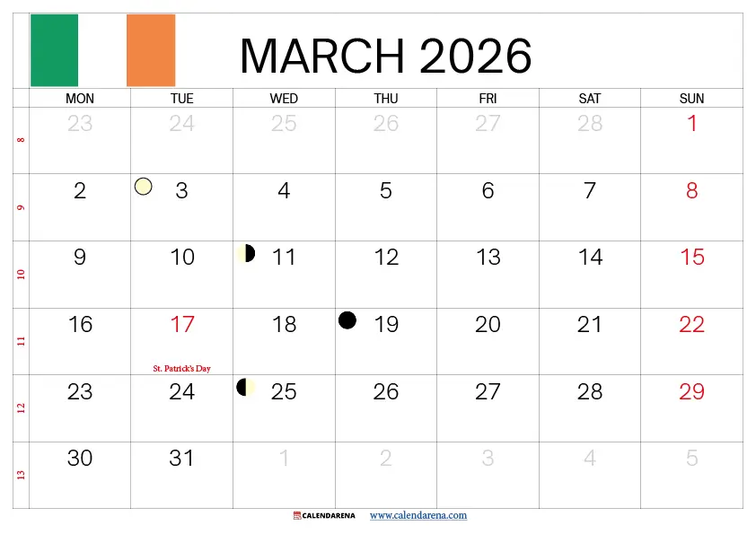 March 2026 Calendar With Holidays Ireland
