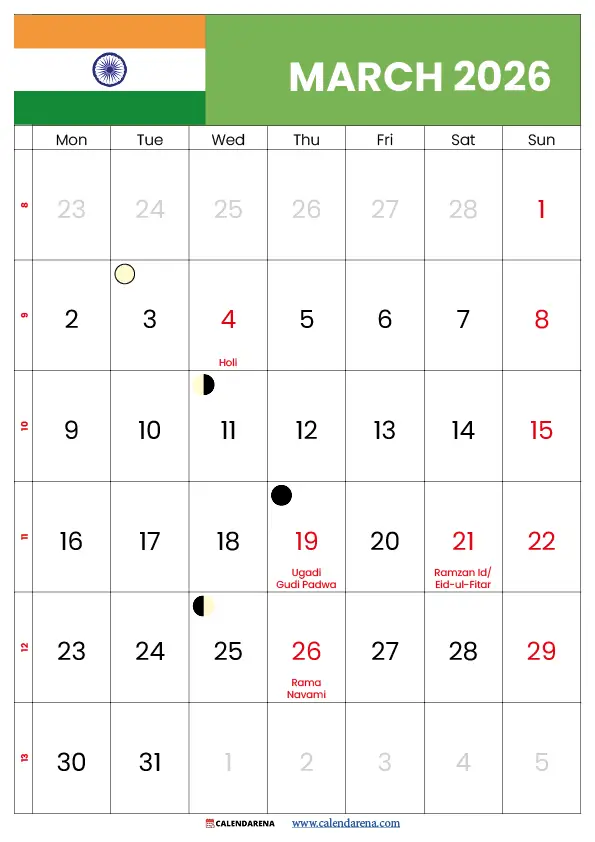 March 2026 Calendar With Holidays Pdf India