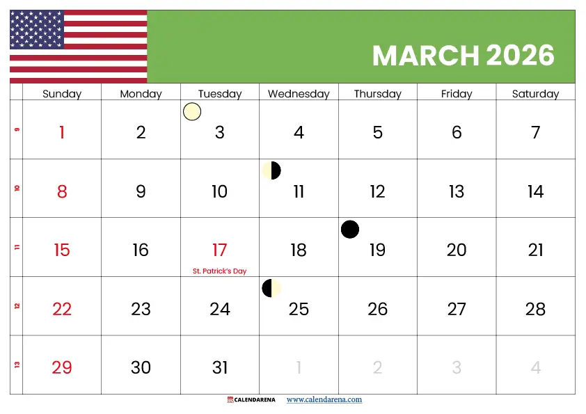 March 2026 Calendar With Holidays Printable Usa