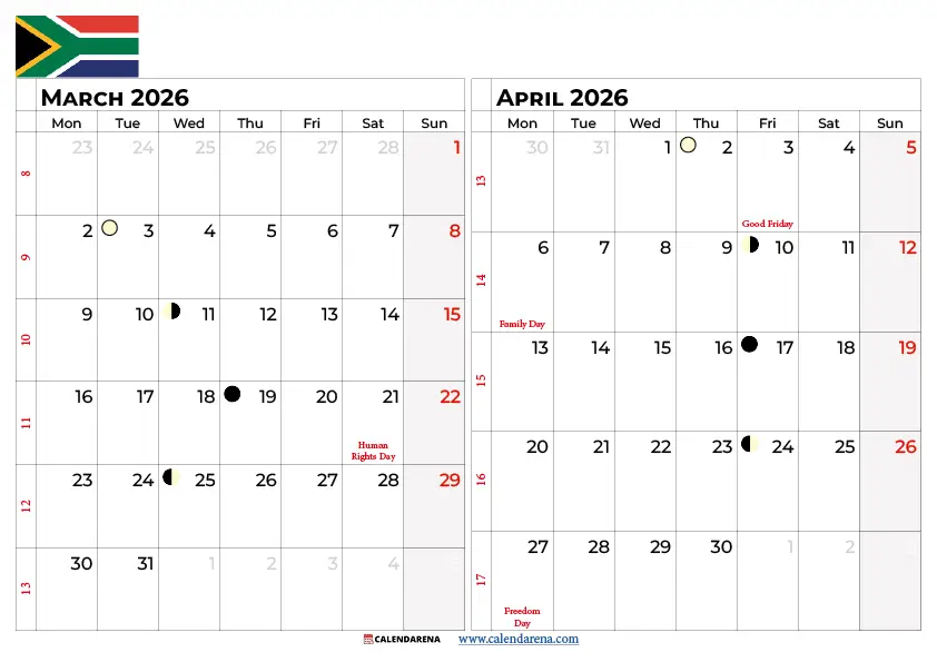 March And April 2026 Calendar With Holidays South Africa