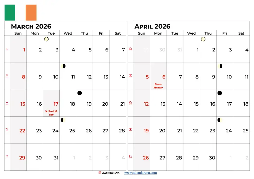 March April Calendar 2026 Ireland