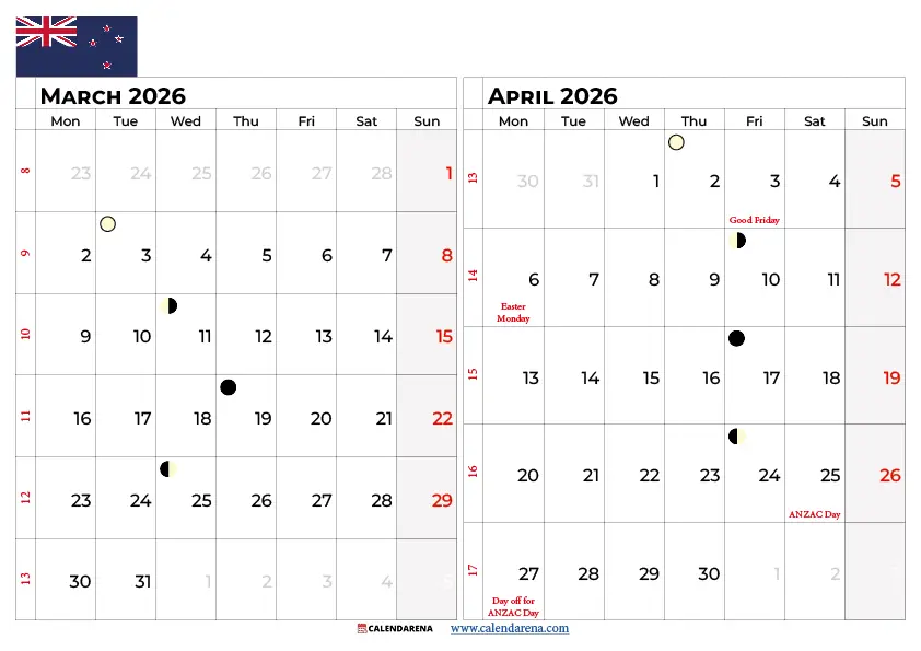 March April Calendar 2026 Nz