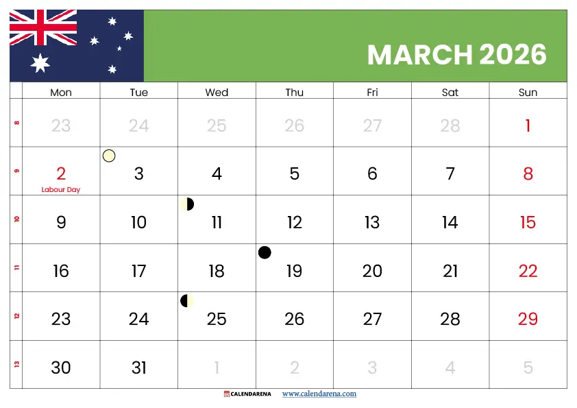 March Calendar 2026 Australia