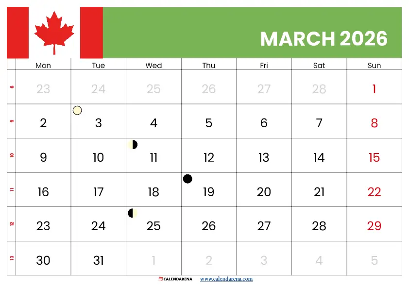 March Calendar 2026 Canada