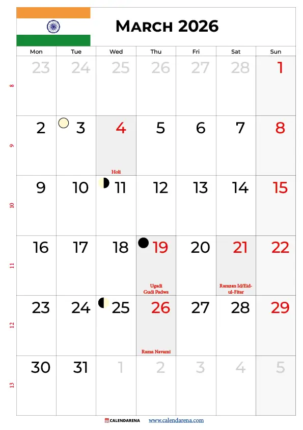 March Calendar 2026 India