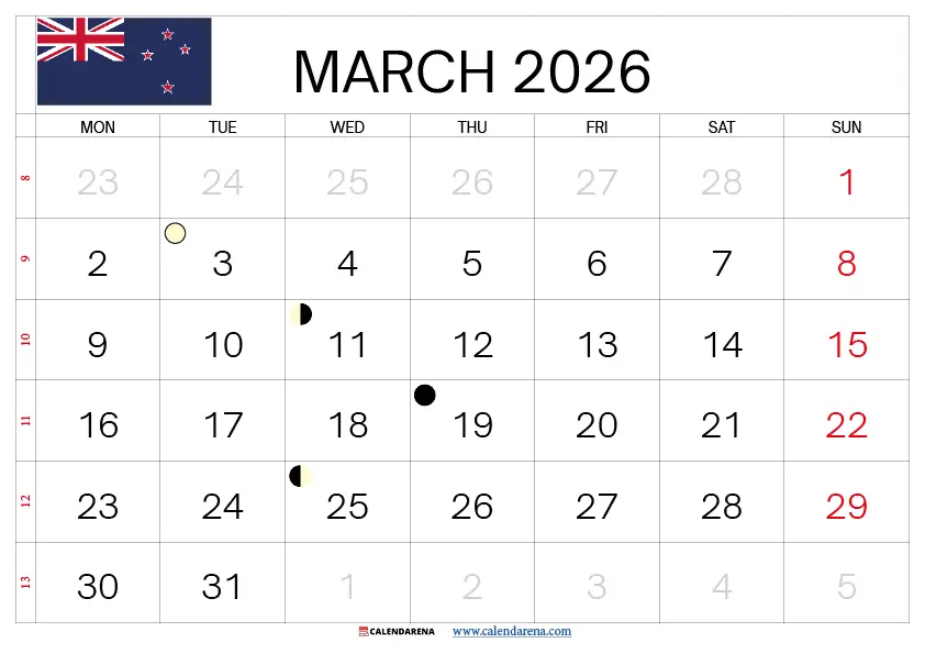 March Calendar 2026 Nz