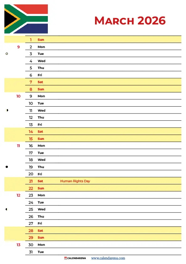 March Calendar 2026 South Africa