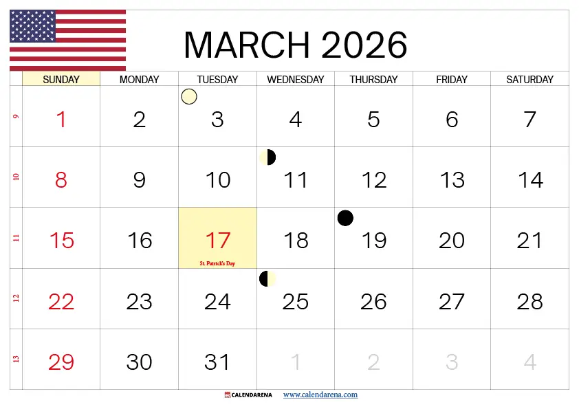 March Calendar 2026 Usa