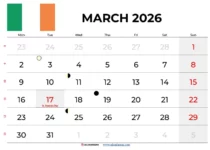 March Calendar 2026 With Holidays Ireland