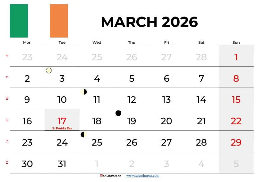 March Calendar 2026 With Holidays Ireland