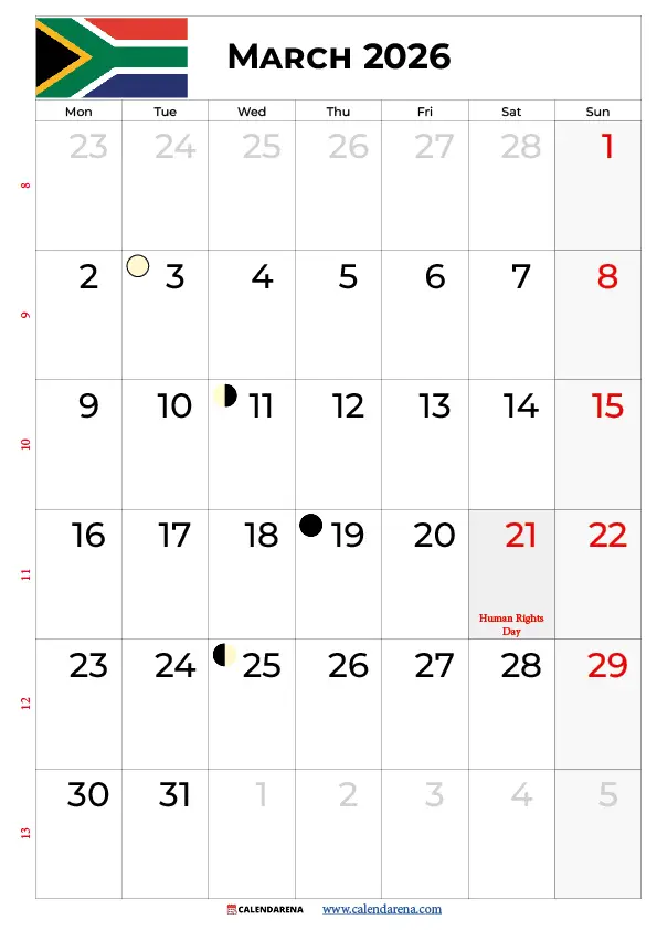March Calendar 2026 With Holidays South Africa