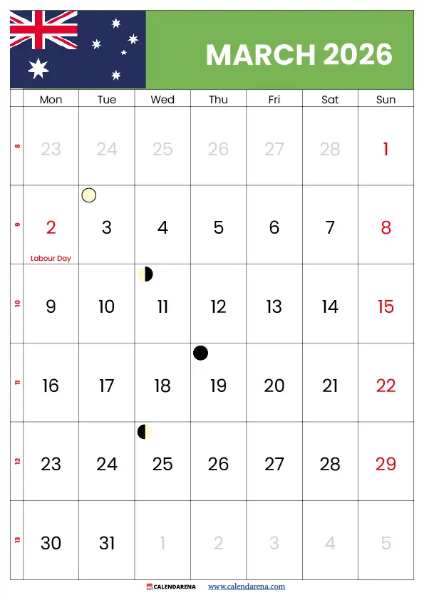 March Calendar Australia 2026