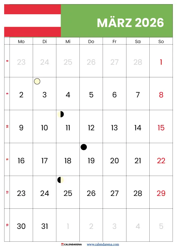März 2026 Kalender Österreich