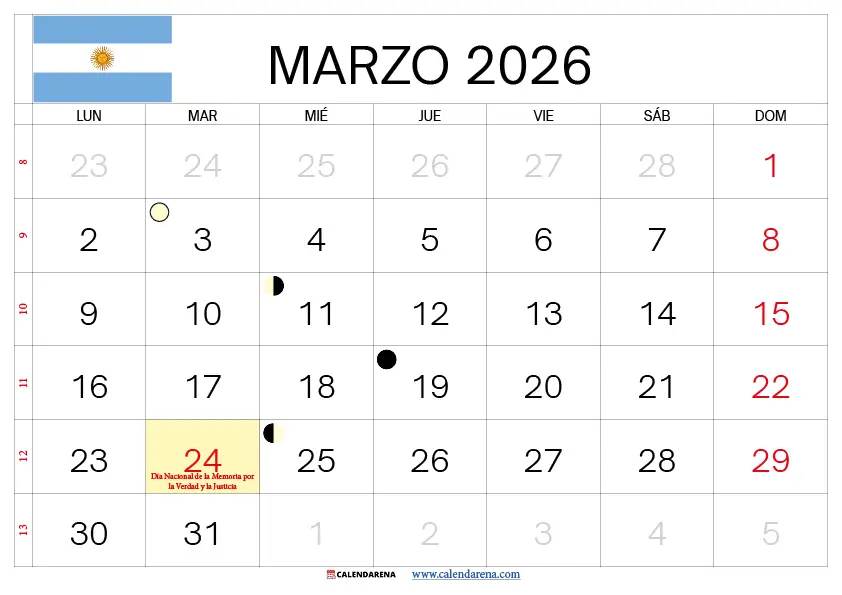 Marzo 2026 Calendario Argentina