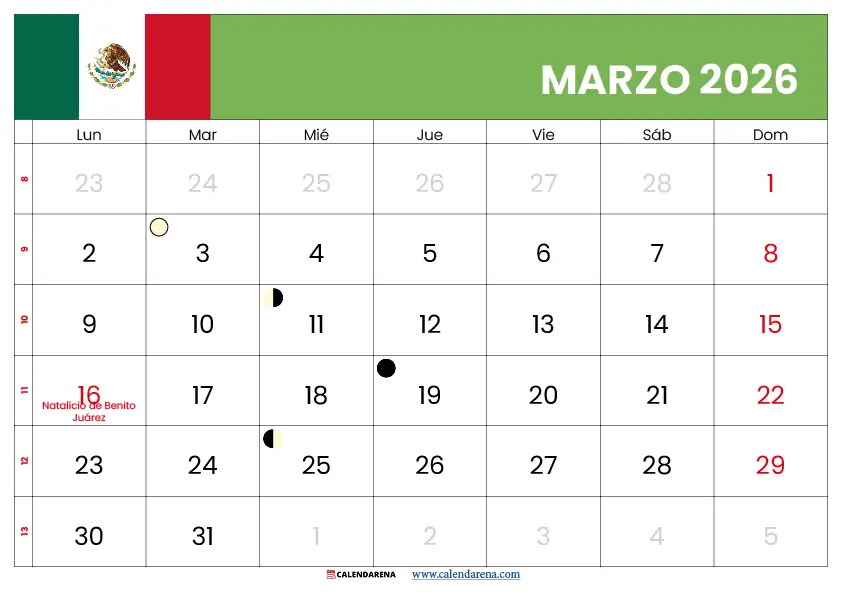 Marzo 2026 Calendario México