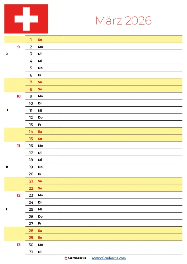 Monat März 2026 Kalender Schweiz